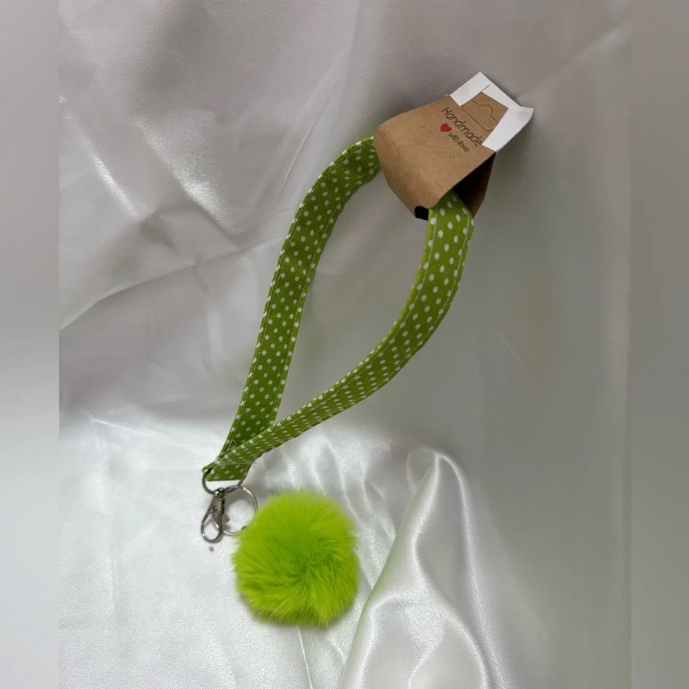 Handmade Green and White Polka Dot Wristlet Keychain with Green Pompom
